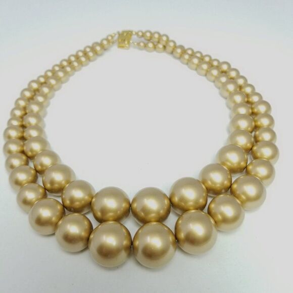 Vintage Two Strand Gold Tone Beaded Necklace, Graduated Size, Retro 60s Style - Picture 1 of 4